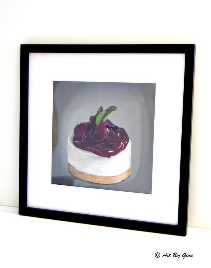 Yummie cheescake....Heerlijk gebakje geschilderd op doek, Antiek en Kunst, Kunst | Schilderijen | Modern, Ophalen of Verzenden
