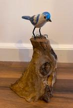 Handgemaakt houten vogeltje op stam - blauw - hoog, Ophalen of Verzenden