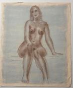 Jos van der Berg. Krijttekening. Naakt. Zittende vrouw., Ophalen of Verzenden