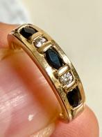 14k gouden ring met 2 natuurlijke diamanten en 3 saffieren!, Geel, Ophalen of Verzenden, 17 tot 18, Dame of Heer