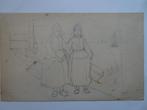 tekening Volendamse meisjes in dracht, schepen, 1910, Antiek en Kunst, Verzenden