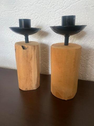 Houten & Metalen Kaarsenstandaards - Set van 2 beschikbaar voor biedingen