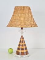 Vintage conische tafellamp plexiglas keramiek rotan Regency, Minder dan 50 cm, Gebruikt, Vintage, Metaal