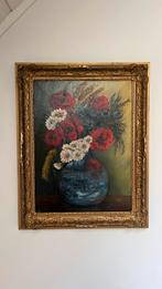 Schilderij van bloemstilleven in vaas in goudkleurige lijst, Ophalen of Verzenden