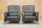 ZGAN 2 zwarte leren Rolf Benz 322 design fauteuils +hockers, 75 tot 100 cm, Design, Metaal, 75 tot 100 cm