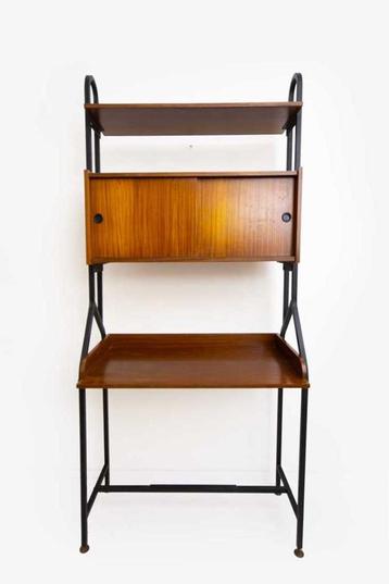 Vintage wandsysteem met bureau teakhout en zwart metalen fra beschikbaar voor biedingen