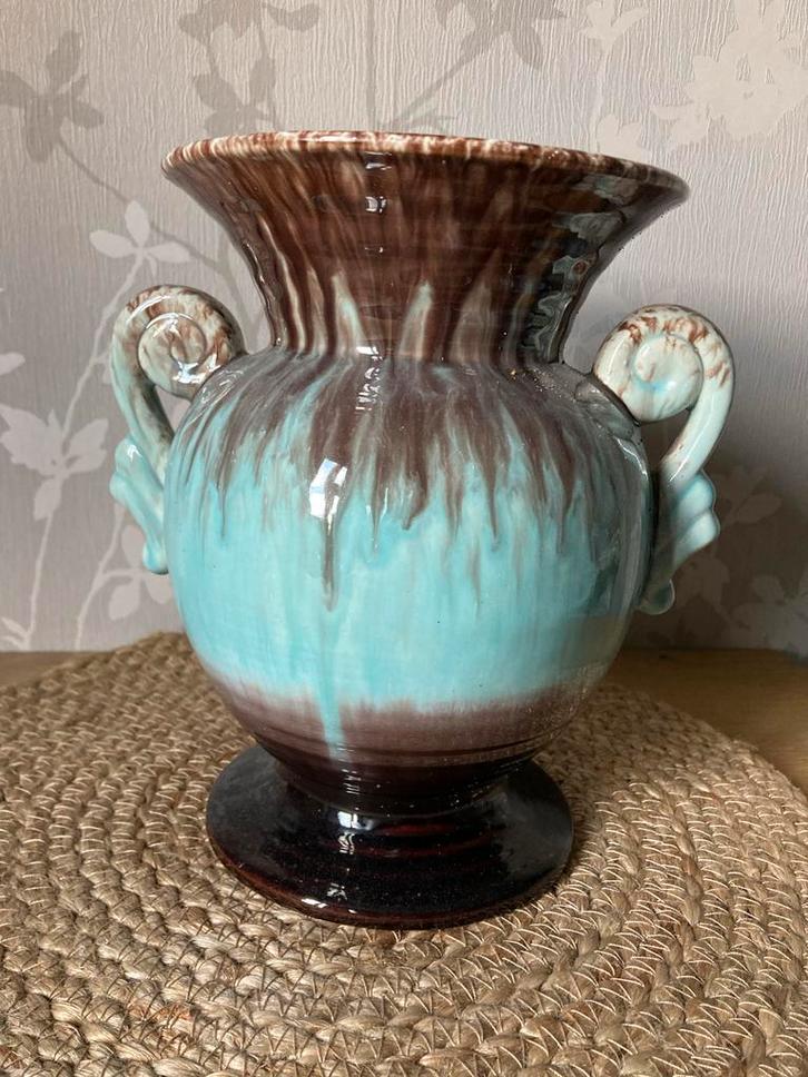 Vintage Zeegroene Vaas met Bruin, Huis en Inrichting, Woonaccessoires | Vazen, Gebruikt, Groen, Minder dan 50 cm, Aardewerk of Porselein