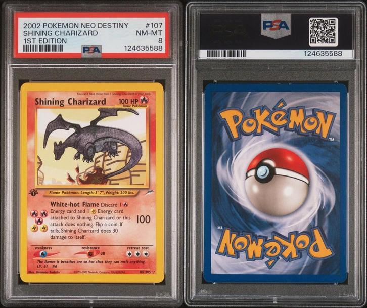 Shining Charizard 1st Edition PSA 8 - Neo Destiny, Hobby en Vrije tijd, Verzamelkaartspellen | Pokémon, Zo goed als nieuw, Losse kaart