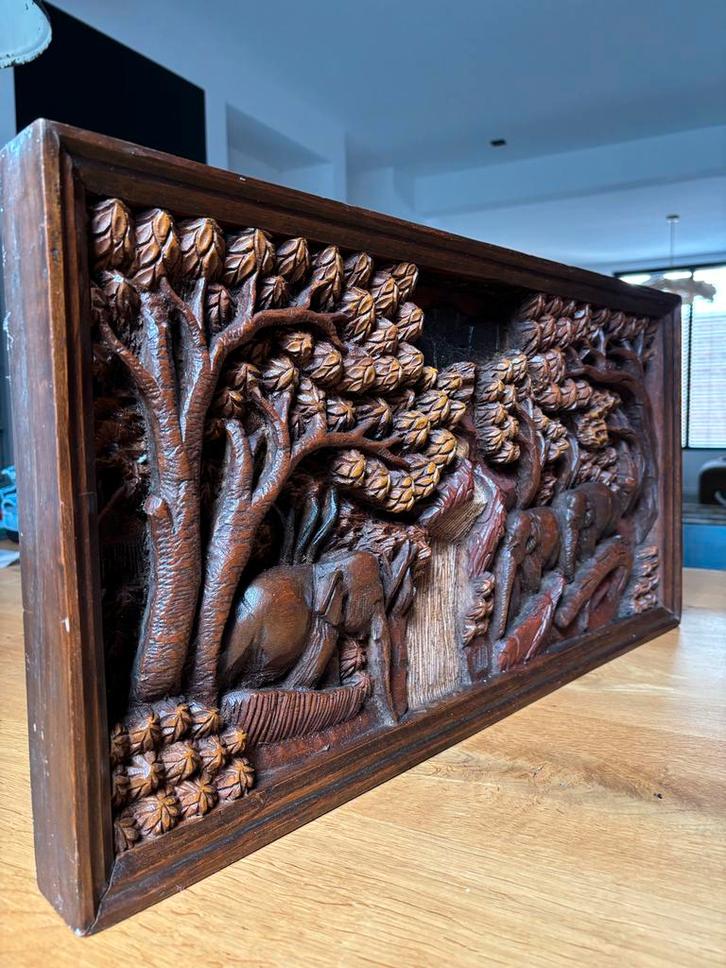 Antiek Houtsnijwerk Olifanten Wandpaneel 68X35cm, Antiek en Kunst, Kunst | Beelden en Houtsnijwerken, Ophalen of Verzenden