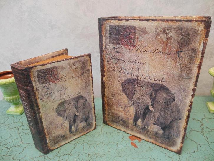 Twee boeken of kistjes met afbeeldingen van Olifanten, Huis en Inrichting, Woonaccessoires | Overige, Zo goed als nieuw, Ophalen of Verzenden