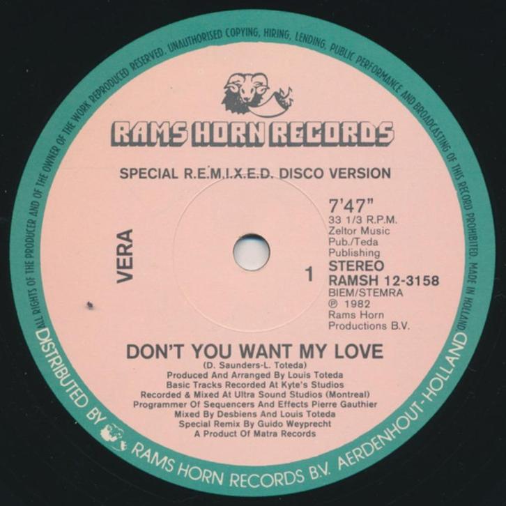 12" Maxi Single (1982) VERA - Don't You Want my Love (7:47), Cd's en Dvd's, Vinyl | Dance en House, Gebruikt, Disco, 12 inch, Ophalen of Verzenden