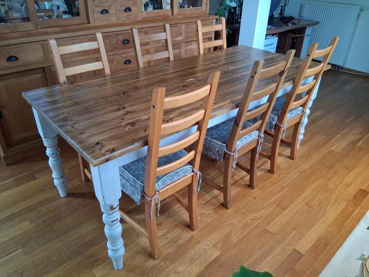 Eetkamertafel met 6 stoelen en zitkussens - hout - brocante, Huis en Inrichting, Tafels | Eettafels, Gebruikt, 50 tot 100 cm, 200 cm of meer