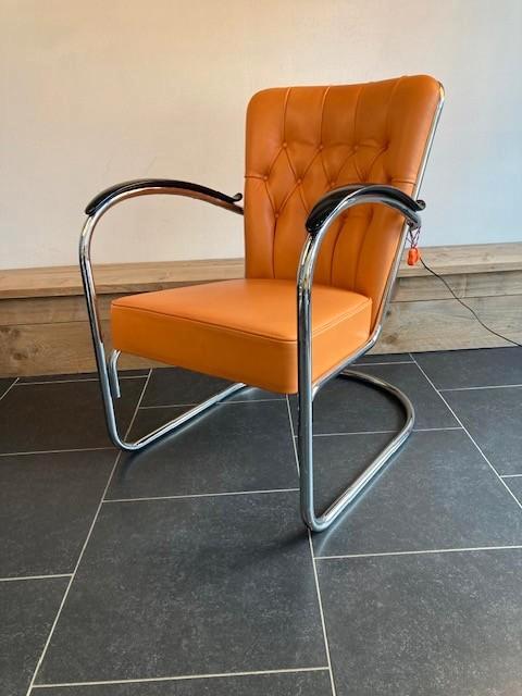 Gispen 412 GE , chroom , caramel leder, Huis en Inrichting, Fauteuils, Zo goed als nieuw, Leer, Metaal, 50 tot 75 cm, 75 tot 100 cm