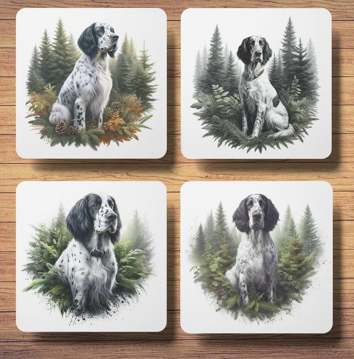 Engelse Setter Bos onderzetters met houder, Huis en Inrichting, Woonaccessoires | Onderzetters, Nieuw, Glas of Kopje, Ophalen of Verzenden