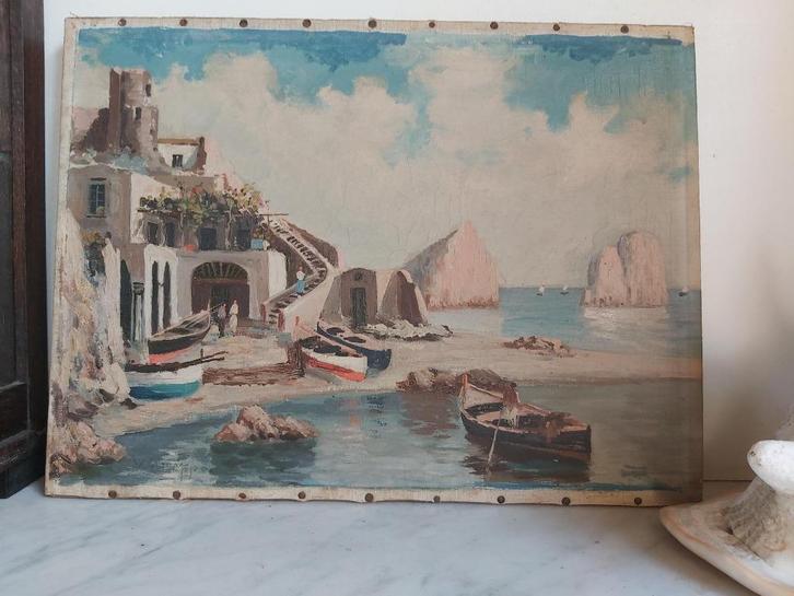 Prachtig oud stilleven, olieverf op doek (havenzicht), Antiek en Kunst, Kunst | Schilderijen | Klassiek, Verzenden