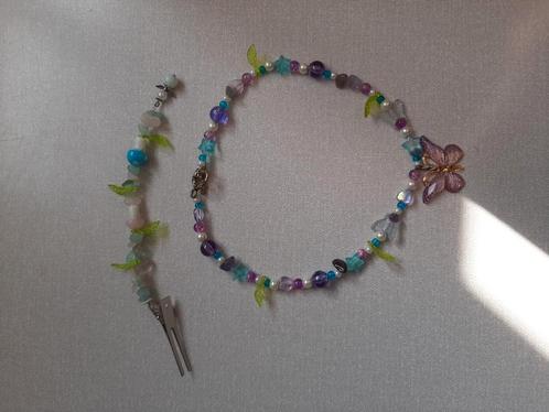 Set ketting en haar clip fairy bloemig vlinders, Sieraden, Tassen en Uiterlijk, Kettingen, Nieuw, Steen of Mineraal, Paars, Met edelsteen