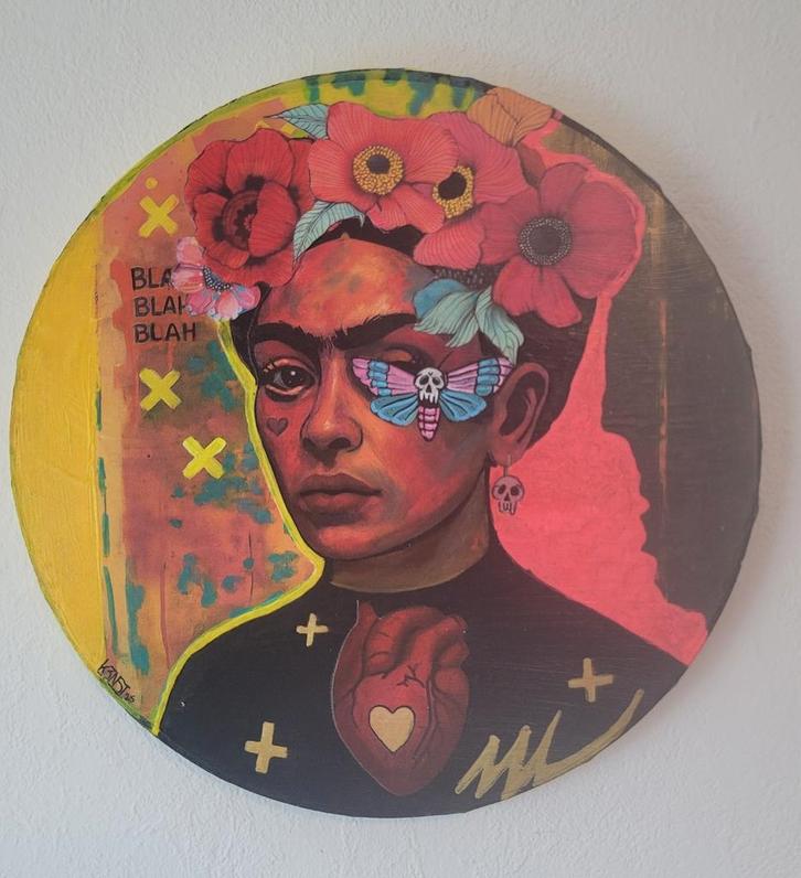 Mixedmedia schilderij Frida Kahlo portret street art, Antiek en Kunst, Kunst | Schilderijen | Modern, Ophalen of Verzenden