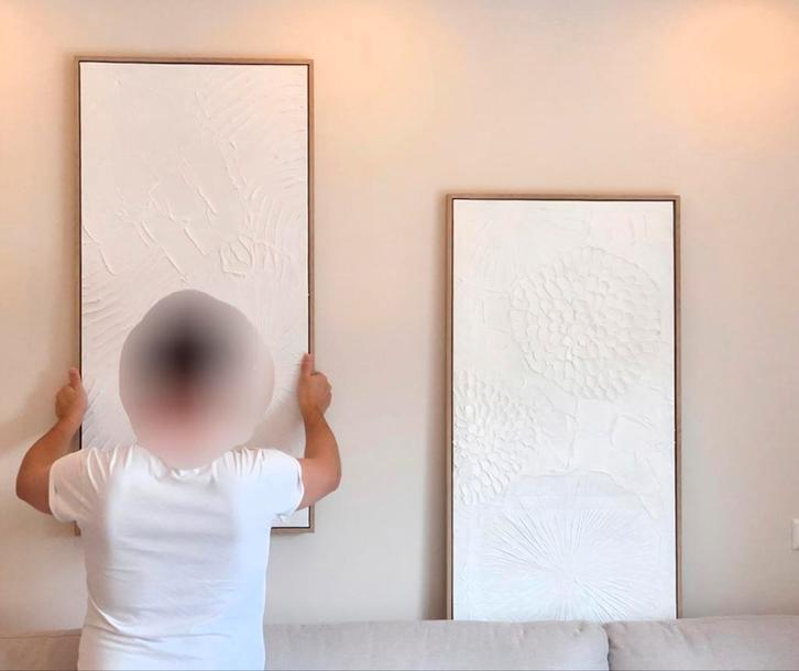 Twee schilderijen wandpaneel wit met hout wanddecoratie, Antiek en Kunst, Kunst | Etsen en Gravures, Ophalen