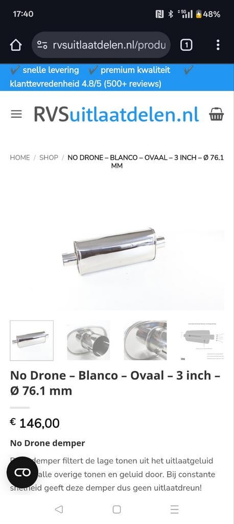 RVS 3 inch No Drone Demper, Ophalen of Verzenden, Nieuw, Universele onderdelen