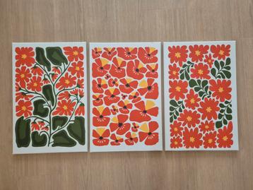 Bloemen Canvas Kunst - Set van 3, Schilderijen Oranje beschikbaar voor biedingen