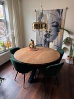 Ronde eettafel mangohout 140 + 5 Como stoelen groen, Huis en Inrichting, Tafels | Eettafels, Ophalen, Gebruikt, Modern, industrieel, warm