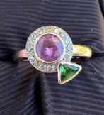 Witgouden ring met diamant, roze korund en  tsavoriet, Ophalen of Verzenden, Zo goed als nieuw, 17 tot 18, Dame