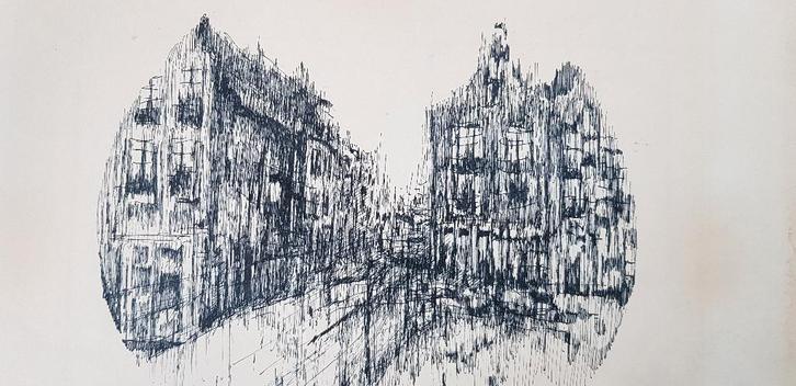 Originele pentekening grachtenpanden, 1974, door R. Ross, Antiek en Kunst, Kunst | Tekeningen en Foto's, Ophalen of Verzenden