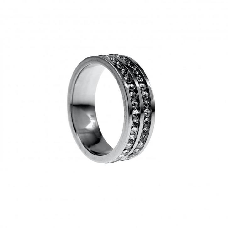 Ring Dames Gepolijst RVS Ring Twee Rijen Glimmende Steentjes, Sieraden, Tassen en Uiterlijk, Ringen, Nieuw, Dame, 17 tot 18, Zilver