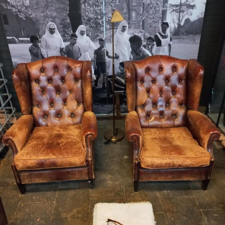2 sets schapenleren fauteuils, Antiek en Kunst, Antiek | Meubels | Stoelen en Banken, Ophalen of Verzenden