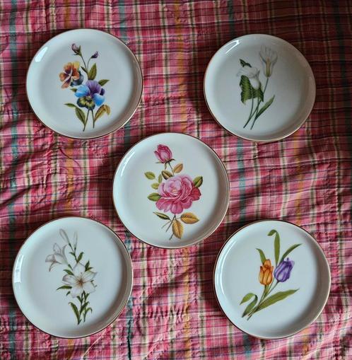 Set van 5 vintage porseleinen bloemenbordjes, Antiek en Kunst, Antiek | Servies los, Ophalen of Verzenden
