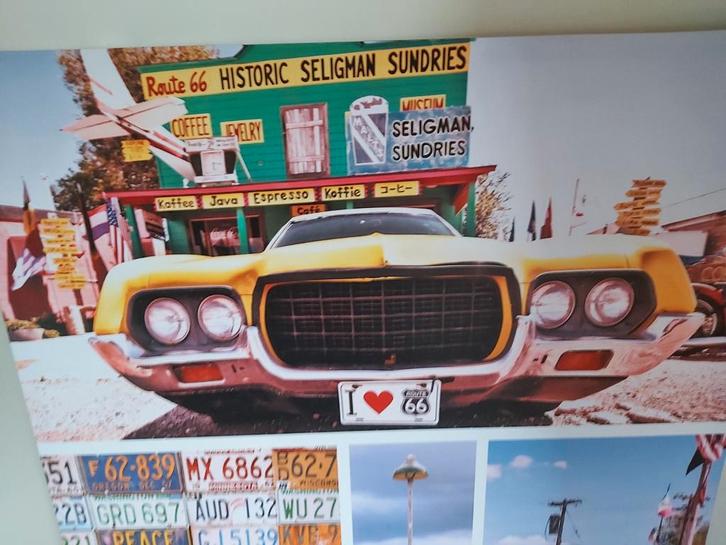 Canvasdoek Auto Route 66, Huis en Inrichting, Woonaccessoires | Schilderijen, Tekeningen en Foto's, Zo goed als nieuw, Print, 75 cm of meer