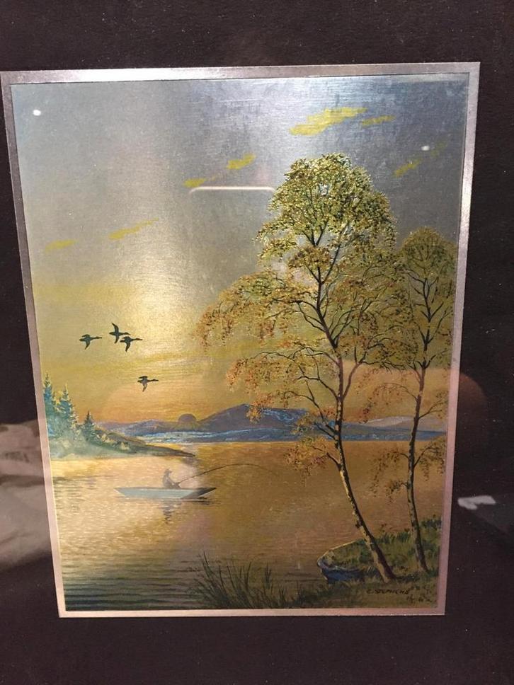 Schilderij E. Stephens - Landschap met Visser, Antiek en Kunst, Kunst | Schilderijen | Abstract, Ophalen of Verzenden