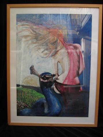 Luc Houweling Schilderij Pauw Gemengde Techniek Lijst 83x63 beschikbaar voor biedingen