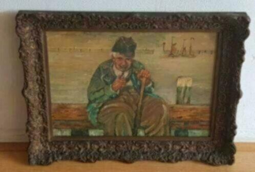 Olieverf Visser Haven Volendam T. Busker mooie houten lijst., Antiek en Kunst, Kunst | Schilderijen | Klassiek, Ophalen