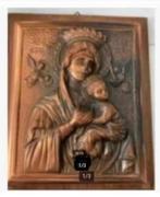 Antiek Koperen plaquette Maria Kind houten ondergrond, Antiek en Kunst, Ophalen of Verzenden