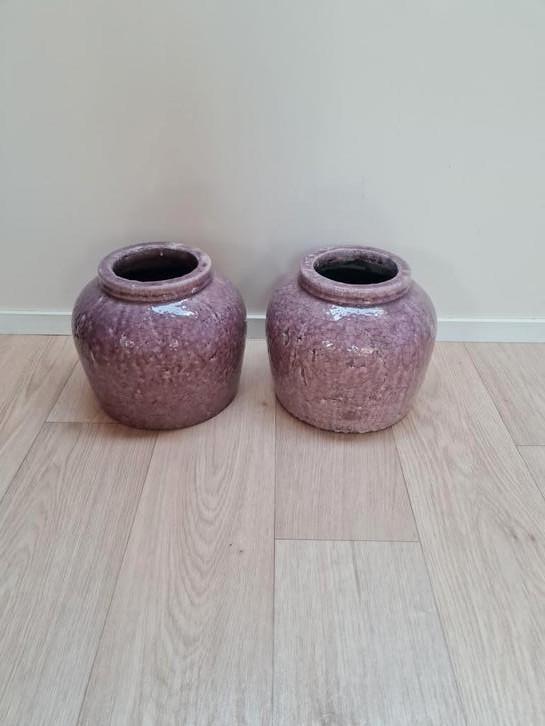 2 geglazuurde bloempotten, Tuin en Terras, Bloempotten, Zo goed als nieuw, Aardewerk, Minder dan 40 cm, Minder dan 25 cm, Rond