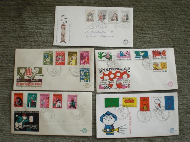 5 Eerstedagenveloppen Kinderzegels, Postzegels en Munten, Postzegels | Eerstedagenveloppen, Beschreven, Nederland, Ophalen of Verzenden