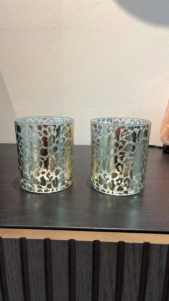 2x waxinelichthouders met gouden panterprint, Huis en Inrichting, Woonaccessoires | Kandelaars en Kaarsen, Zo goed als nieuw, Minder dan 25 cm