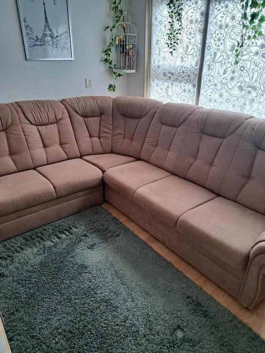 GRATIS. Hoekbank bruin stof met fauteuil stoel, Tuin en Terras, Tuinmeubel-accessoires, Zo goed als nieuw, Ophalen