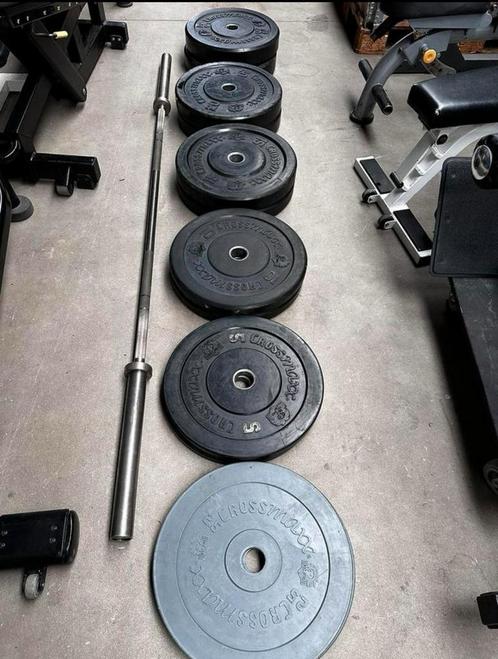 155kg Crossmaxx Bumperplates + Crossmaxx Barbell 220cm ,20kg, Sport en Fitness, Fitnessmaterialen, Gebruikt, Overige typen, Ophalen