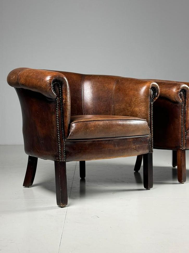 Set van 2 schapenleren clubfauteuils, Huis en Inrichting, Fauteuils, Zo goed als nieuw, Minder dan 50 cm, 75 tot 100 cm, Ophalen