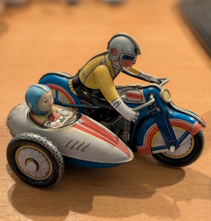 Vintage Blikken Motorfiets met Zijspan - Opwindbaar, Antiek en Kunst, Antiek | Speelgoed, Ophalen of Verzenden