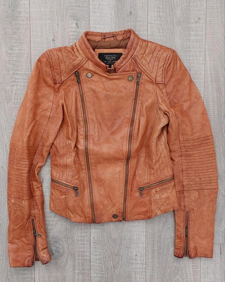 Zara Trafaluc brown leather biker jacket S, Kleding | Dames, Jassen | Zomer, Gedragen, Maat 36 (S), Bruin, Ophalen of Verzenden