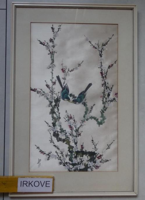 TWEE VOGELS GESCHILDERD OP ZIJDE * Gesigneerd *, Antiek en Kunst, Kunst | Niet-Westerse kunst, Verzenden