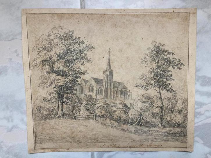 St Peter, Lingfield, Surrey, 18,5x16cm., or. potloodtekening, Antiek en Kunst, Kunst | Tekeningen en Foto's, Ophalen of Verzenden