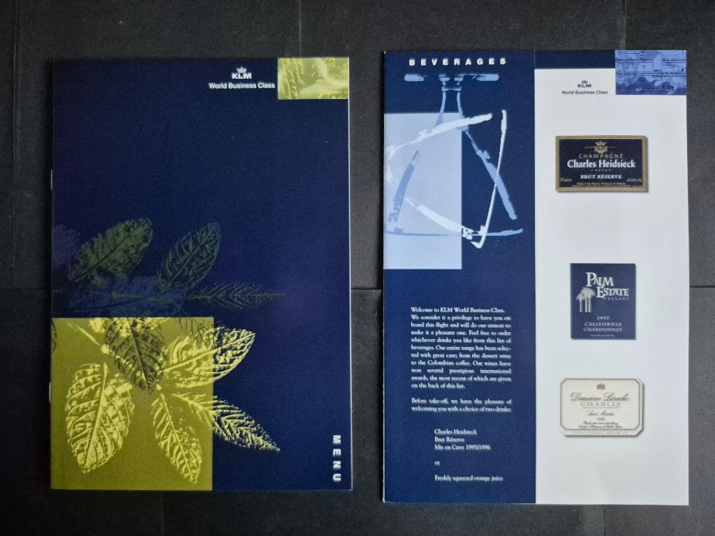 KLM menukaart en drankkaart uit 1999 (K1241), Ophalen of Verzenden, Gebruikt, Boek of Tijdschrift