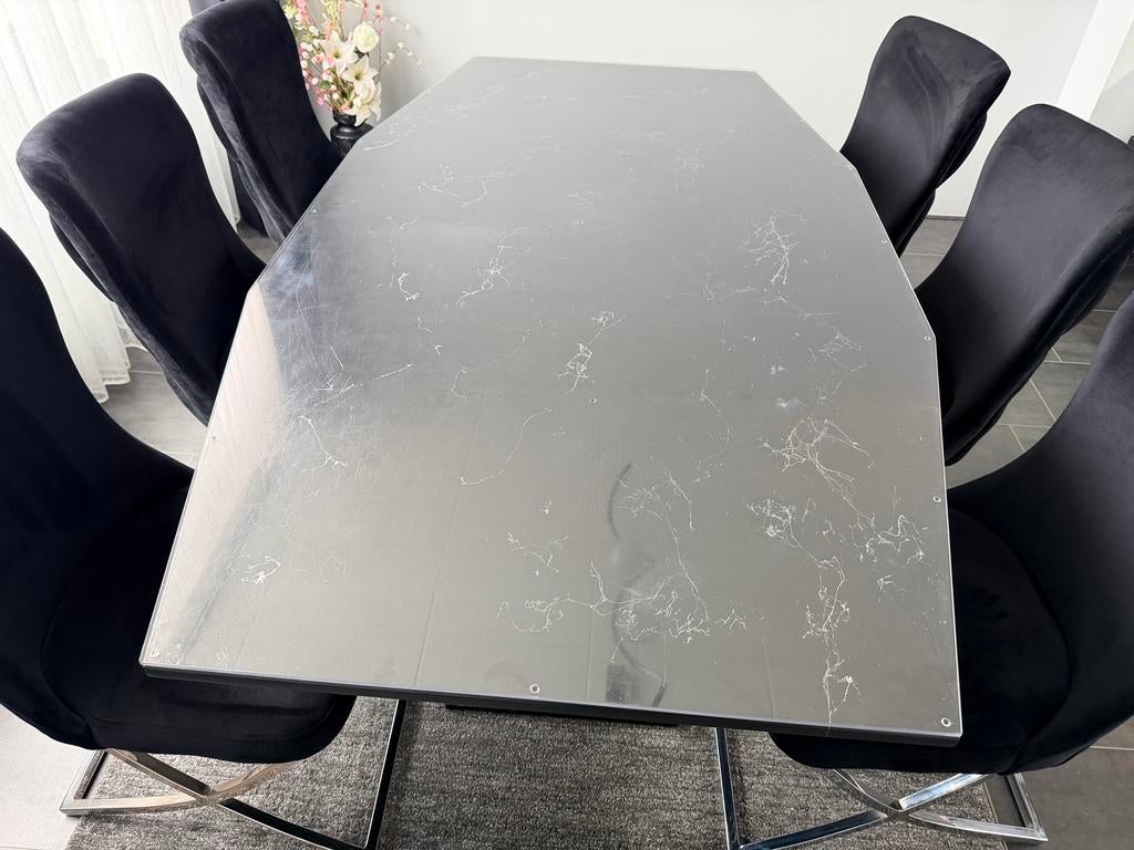 6 persoon eettafel incl. 6 stoelen, Huis en Inrichting, Complete eetkamers, Ophalen, Zo goed als nieuw, Marmerlook, 4 tot 6 stoelen