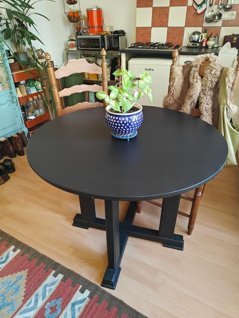 Zwarte ronde massief eiken tafel, Ophalen, Gebruikt, 50 tot 100 cm, 50 tot 100 cm