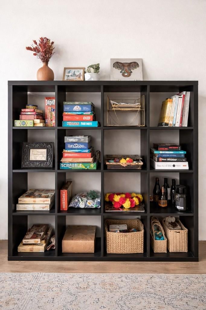 IKEA KALLAX 4x4 Kast – Zwartbruin – Goede Staat, Ophalen, Met plank(en), 100 tot 150 cm, 100 tot 150 cm