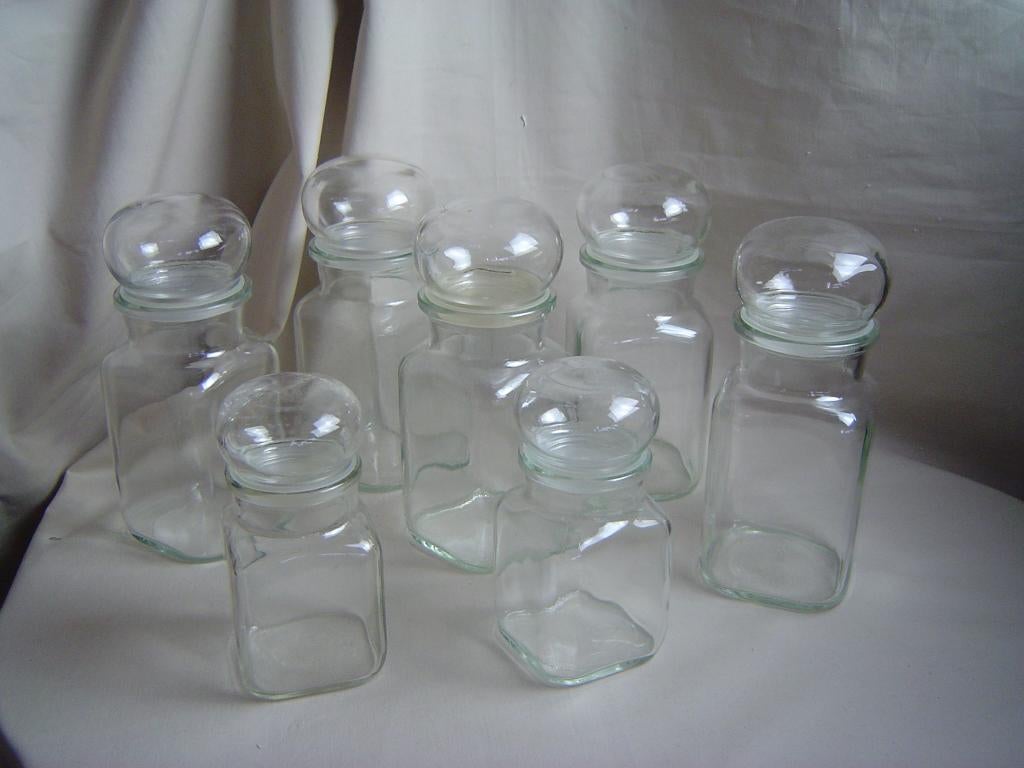 7 vintage glazen potten met bolle stop jaren 70, Ophalen of Verzenden, Gebruikt, Glas, Pot, Bus of Blik
